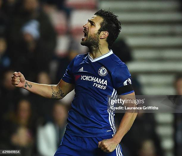 Cesc Fabregas of Chelsea celebrates scoring his sides first goal during the Premier League match between Sunderland and Chelsea at Stadium of Light...