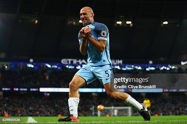 Pablo Zabaleta of Manchester City celebrates scoring the opening goal during the Premier League match between Manchester City and Watford at Etihad...