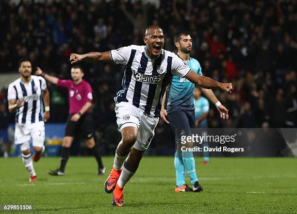 Jose Salomon Rondon of West Bromwich Albion celebrates scoring his team's third goal and hat trick goal during the Premier League match between West...