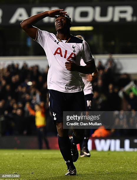 Victor Wanyama of Tottenham Hotspur celebrates scoring his sides third goal during the Premier League match between Tottenham Hotspur and Hull City...