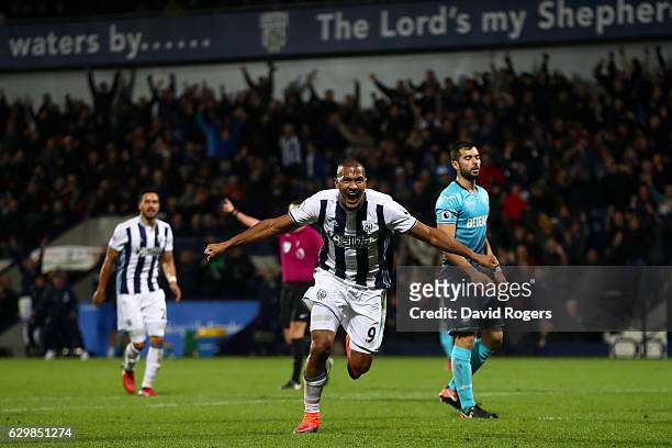 Jose Salomon Rondon of West Bromwich Albion celebrates scoring his team's third goal and hat trick goal during the Premier League match between West...