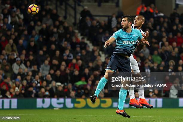Salomon Rondon of West Bromwich Albion scores a goal to make it 3-0 during the Premier League match between West Bromwich Albion and Swansea City at...
