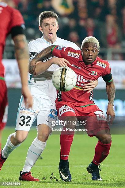 Thomas Foket midfielder of KAA Gent and Gohi Bi Zoro Cyriac forward of KV Oostende during the Croky Cup quarter final match between KV Oostende and...