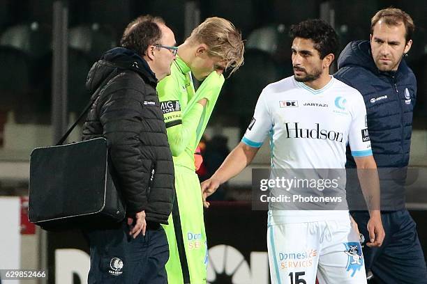 Jacob Rinne goalkeeper of KAA Gent injured during the Croky Cup quarter final match between KV Oostende and KAA Gent on December 14, 2016 in...