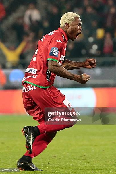 Gohi Bi Zoro Cyriac forward of KV Oostende celebrates scoring the opening goal during the Croky Cup quarter final match between KV Oostende and KAA...