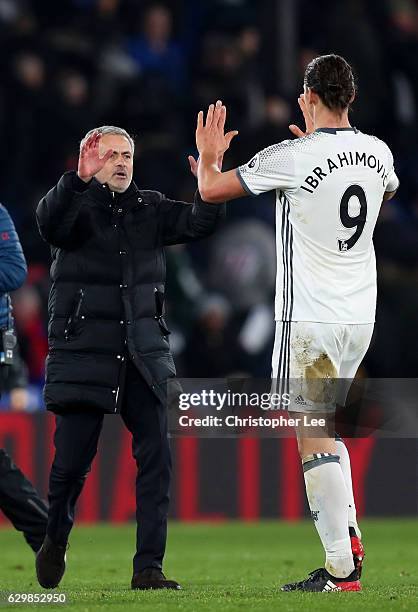 Jose Mourinho, Manager of Manchester United congratulates Zlatan Ibrahimovic after the Premier League match between Crystal Palace and Manchester...