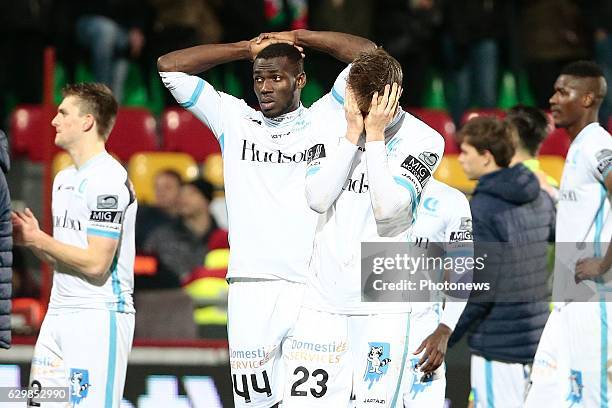 Anderson Esiti midfielder of KAA Gent and Lasse Nielsen defender of KAA Gent looks dejected on the final whistle after the defeat during the Croky...