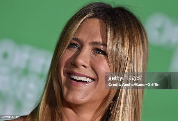 Actress Jennifer Aniston arrives at the Los Angeles Premiere of 'Office Christmas Party' at Regency Village Theatre on December 7, 2016 in Westwood,...