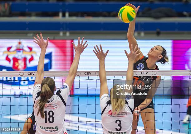 Jordan Quinn Larson of Eczacibasi VitrA in action against Joselynn Birks and Erin Johnson of Dresden SC during the Volleyball European Champions...