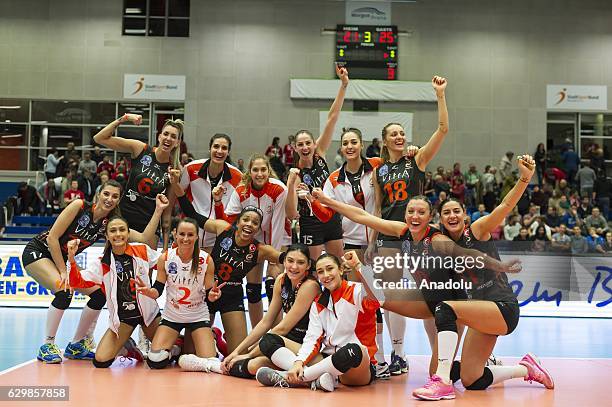 Players of Eczacibasi VitrA celebrate after winning the Volleyball European Champions League, Group D match between Dresdner SC and Eczacibasi VitrA...