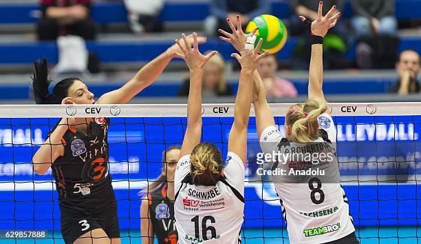 Tijana Boskovic of Eczacibasi VitrA in action against Katharina Schwabe and Barbora Purchartova of Dresden during the Volleyball European Champions...