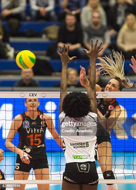 Maja Ognjenovic of Eczacibasi VitrA in action against Brittnee Cooper of Dresden during the Volleyball European Champions League, Group D match...