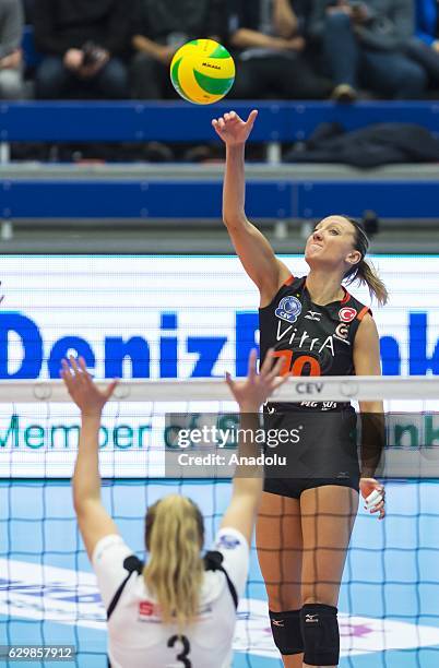 Jordan Quinn Larson of Eczacibasi VitrA in action against Joselynn Birks of Dresden during the Volleyball European Champions League, Group D match...