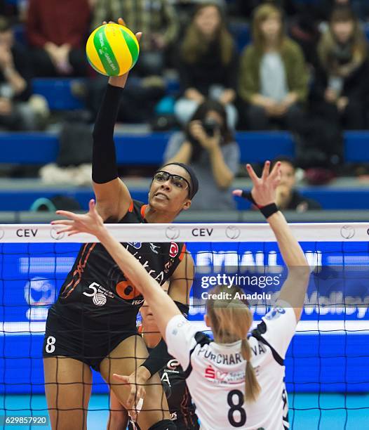 Rachael Adams of Eczacibasi VitrA in action against Barbora Purchartova of Dresden during the Volleyball European Champions League, Group D match...