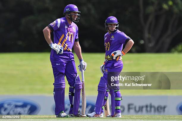 Peter Fulton and Tom Latham of the Kings look on during the McDonalds Super Smash T20 match between the Canterbury Kings and Wellington Firebirds at...