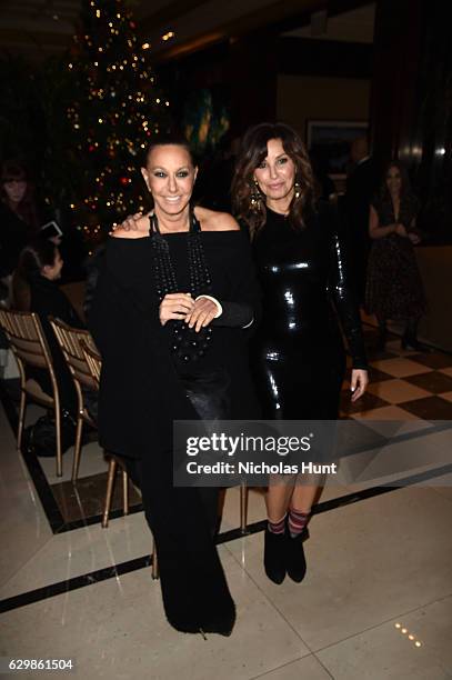 Designer Donna Karan and Actress Gina Gershon attend "Baby It's Cold Outside" - The 2016 Revlon Holiday Concert for The Rainforest Fund Gala at JW...