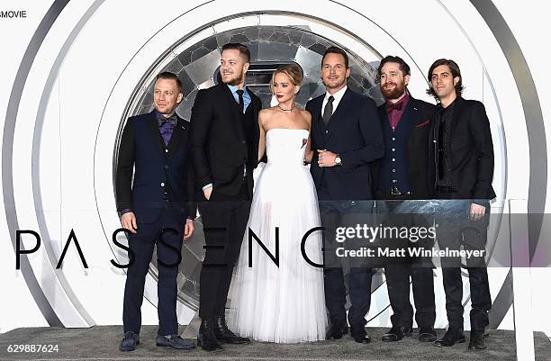 Musicians Ben McKee and Dan Reynolds of Imagine Dragons, actors Jennifer Lawrence and Chris Pratt and musicians Daniel Platzman and Daniel Wayne...