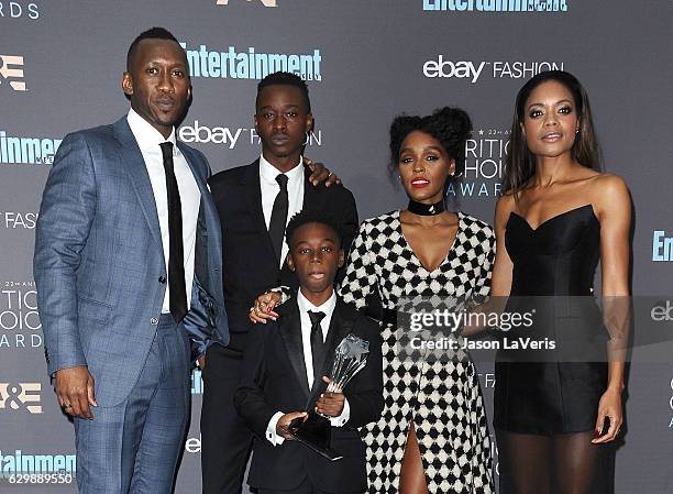 Actors Mahershala Ali, Ashton Sanders, Alex R. Hibbert, Janelle Monae and Naomie Harris, winners of Best Acting Ensemble for 'Moonlight', pose in the...