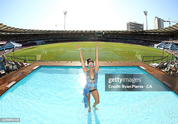 Former Australian Olympic Swimmer Stephanie Rice poses in the Pool Desk during day one of the First Test match between Australia and Pakistan at The...