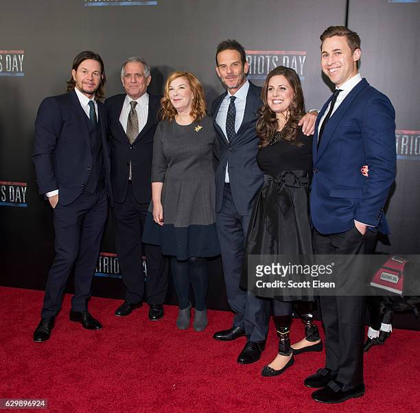 Mark Wahlberg, from left, Leslie Moonves; Terry Press, director Peter Berg, and Boston Marathon Bombing survivors Jessica Downes and Patrick Downes...