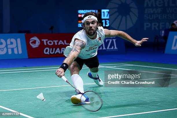 Jan O Jorgensen of Denmark in action during his mens singles match against Marc Zwiebler of Germany on Day Two of the BWF Dubai World Superseries...