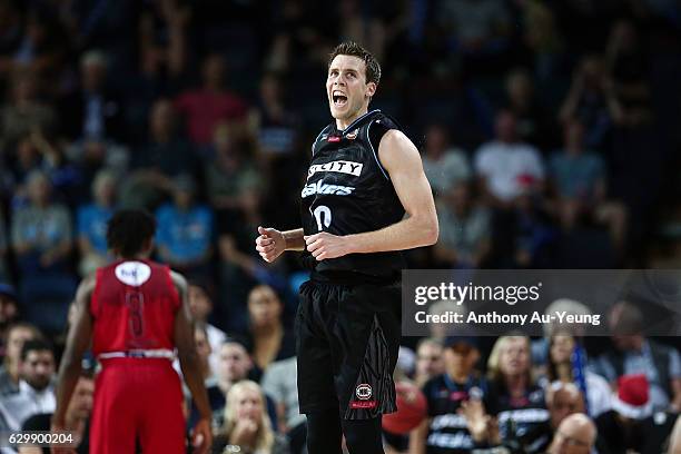 Tom Abercrombie of the Breakers reacts during the round 11 NBL match between New Zealand Breakers and Perth Wildcats at Vector Arena on December 15,...