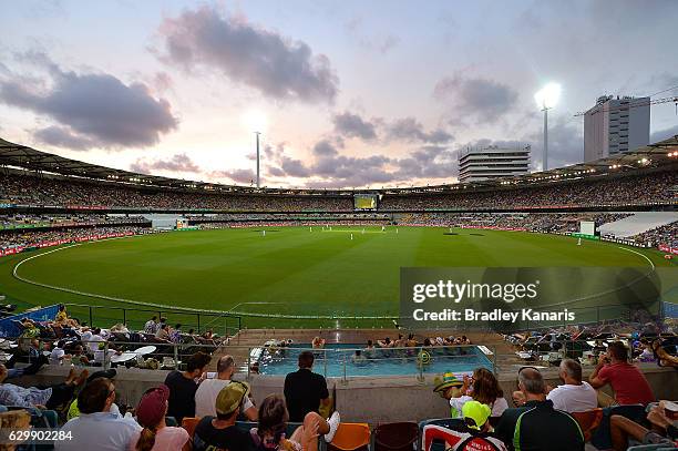 General view of the Gabba is seen at dusk during day one of the First Test match between Australia and Pakistan at The Gabba on December 15, 2016 in...