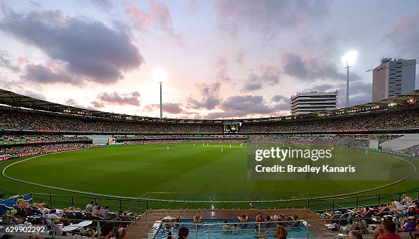 General view of the Gabba is seen at dusk during day one of the First Test match between Australia and Pakistan at The Gabba on December 15, 2016 in...