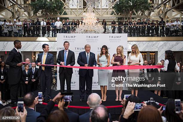 Republican presidential candidate Donald Trump, accompanied by, from left, Donald Trump Jr., Eric Trump, Trump, Tiffany Trump, Melania Trump, and...