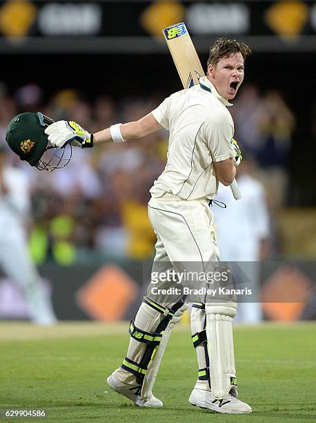 Steve Smith of Australia celebrates scoring a century during day one of the First Test match between Australia and Pakistan at The Gabba on December...