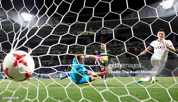 Yuma Suzuki of Kashima Antlers scores his team's third goal during the FIFA Club World Cup Semi Final match between Atletico Nacional and Kashima...