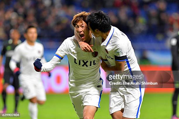 Shoma Doi of Kashima Antlers celebrates scoring the opening goal with his team mate Shohei Akasaki during the FIFA Club World Cup Semi Final match...