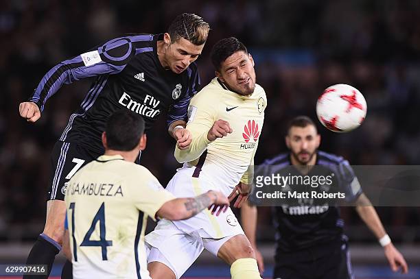 Cristiano Ronaldo of Real Madrid heads the ball towards the goal during the FIFA Club World Cup Japan semi-final match between Club America v Real...