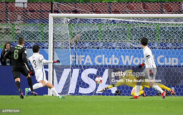 Hitoshi Sogahata of Kashima Antlers makes a save during the FIFA Club World Cup Semi Final match between Atletico Nacional and Kashima Antlers at...