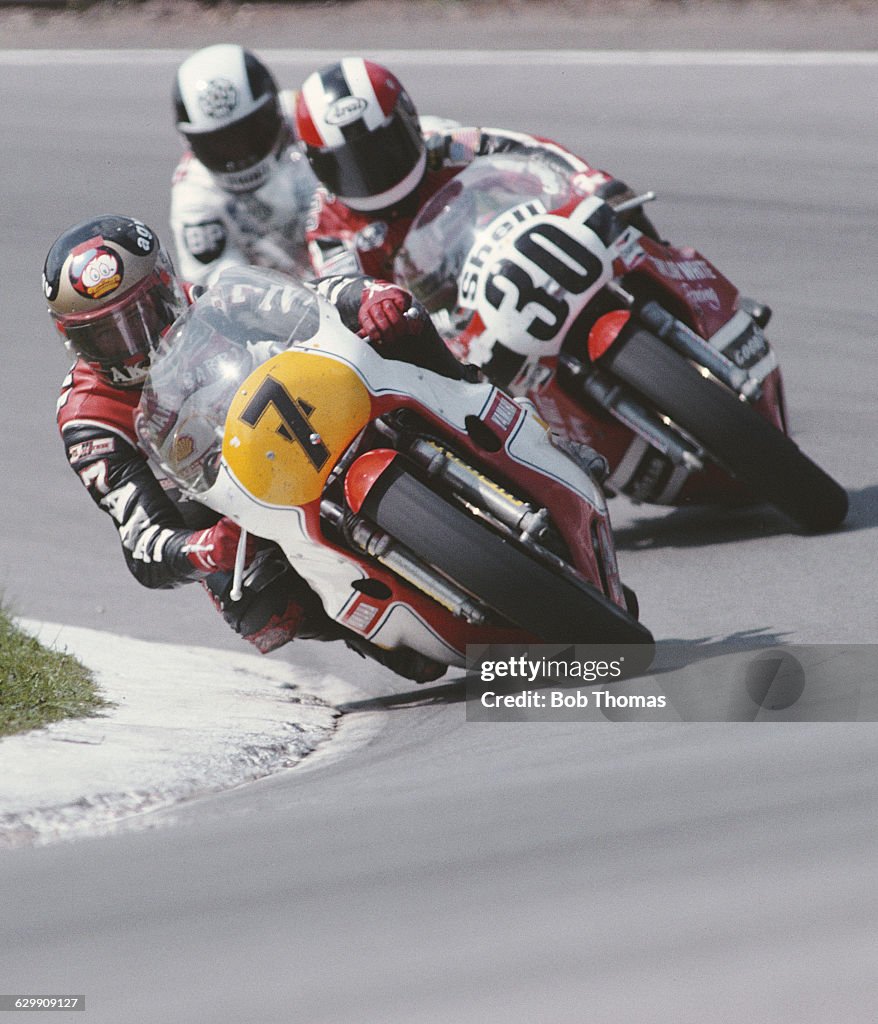 Transatlantic Motorcycle Races Barry Sheene of Great Britain rides the Yamaha YZR 500 ahead of Dale ...