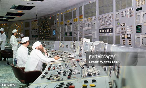 Chernobyl nuclear power plant a few months after the disaster. Chernobyl, Ukraine, USSR, 1986.