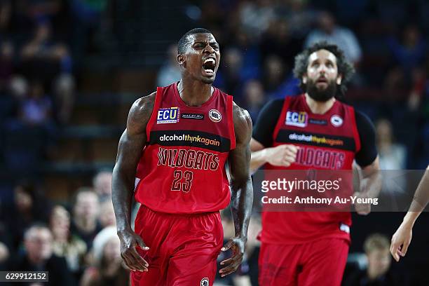 Casey Prather of the Wildcats reacts during the round 11 NBL match between New Zealand Breakers and Perth Wildcats at Vector Arena on December 15,...