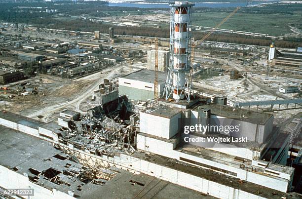 Chernobyl nuclear power plant a few weeks after the disaster. Chernobyl, Ukraine, USSR, May 1986.