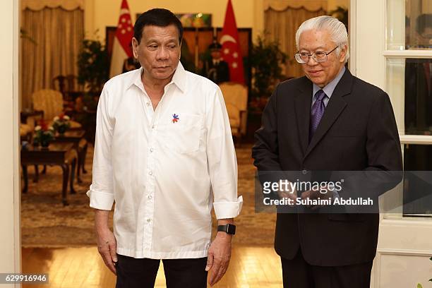 Philippine President Rodrigo Duterte meets with Singapore President, Tony Tan Keng Yam at the Istana on December 15, 2016 in Singapore. Duterte is on...
