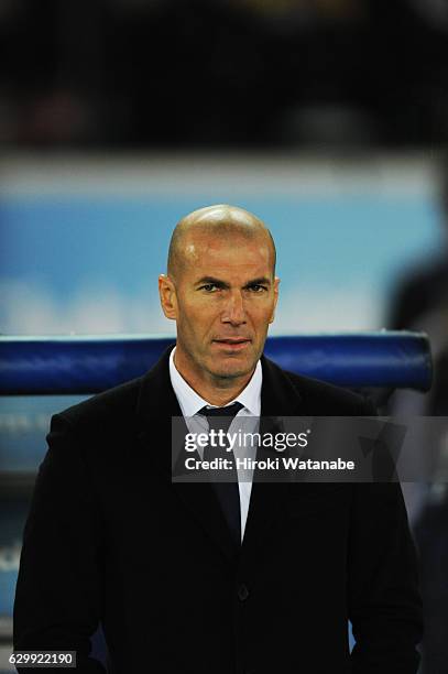 Zinedine Zidane ,coach of Real Madrid looks on prion to during the FIFA Club World Cup Semi Final between Club America and Real Madrid at...