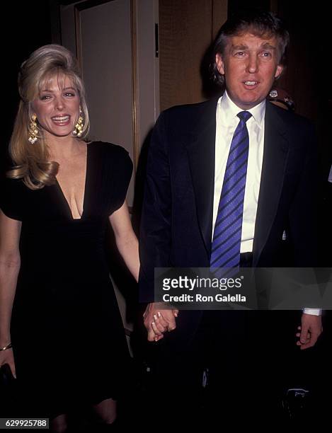 Donald Trump and Marla Maples attend 80th Birthday Party for Joey Adams on January 7, 1991 at the Helmsley Hotel in New York City.