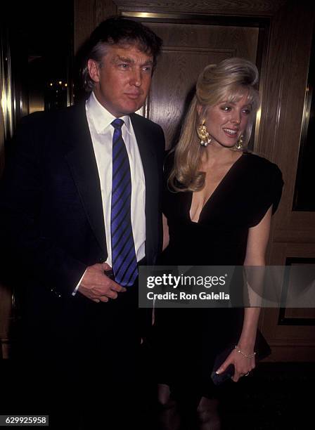 Donald Trump and Marla Maples attend 80th Birthday Party for Joey Adams on January 7, 1991 at the Helmsley Hotel in New York City.