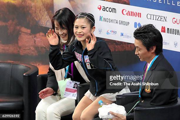 Satoko Miyahara of Japan celebrates her score after competing in the Senior Ladies Singles Free Skating at the kiss & cry during day three of the ISU...