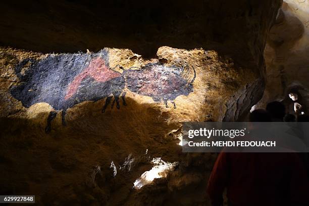 People visit the new replica of the Lascaux cave paintings, during the first public opening on December 15, 2016 in Montignac, in the Dordogne region...