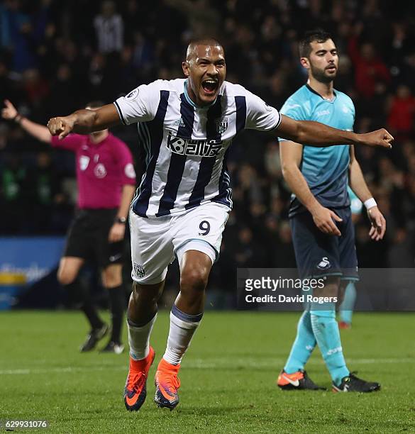 Salomon Rondon of West Bromwich Albion celebrates after scoring his third goal during the Premier League match between West Bromwich Albion and...