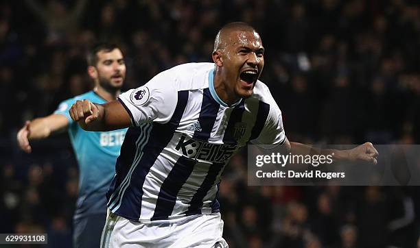 Salomon Rondon of West Bromwich Albion celebrates after scoring his third goal during the Premier League match between West Bromwich Albion and...