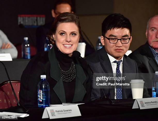 Boston Marathon bombing survivor Jessica Kensky and hijacking survivor Dun Meng speak at a press conference to discuss the making of the feature film...