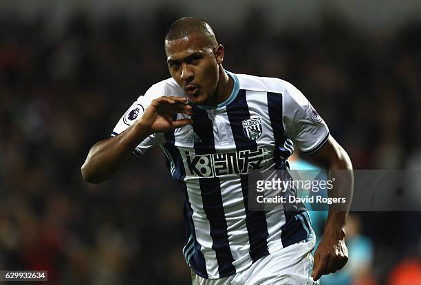 Salomon Rondon of West Bromwich Albion celebrates after scoring his second goal during the Premier League match between West Bromwich Albion and...