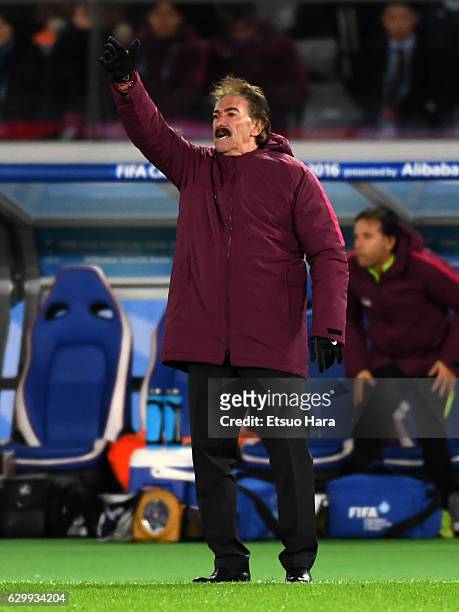 Coach Ricardo La Volpe of Club America gestures during the FIFA Club World Cup Semi Final match between Club America and Real Madrid at International...