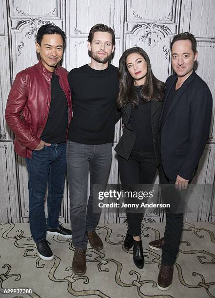 Joel de la Fuente, Luke Kleintank, Alexa Davalos and Brennan Brown attend AOL Build Series to discuss "The Man In The High Castle" at AOL HQ on...